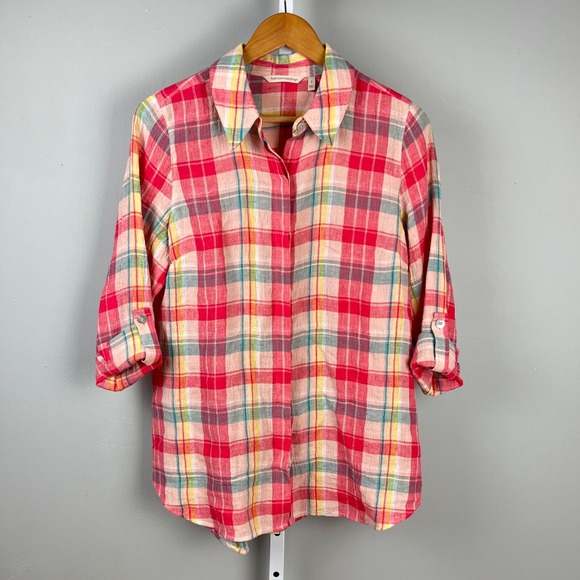Soft Surroundings Shirt Top Womens‎ Small Pink Plaid 100% Linen Roll Tab Sleeve - Picture 2 of 7